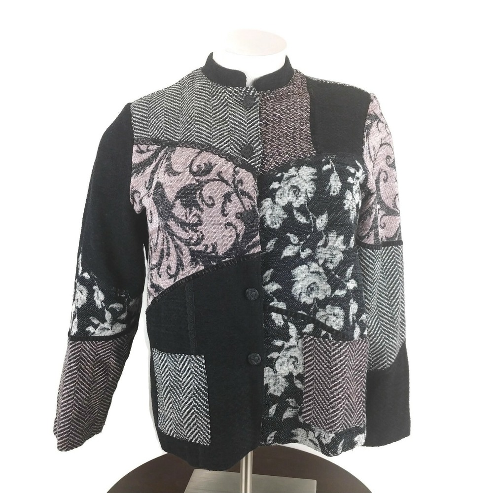 Koret Black Pink & Gray Tapestry‎ Mandarin Collar Jacket Women's Plus Size 16W